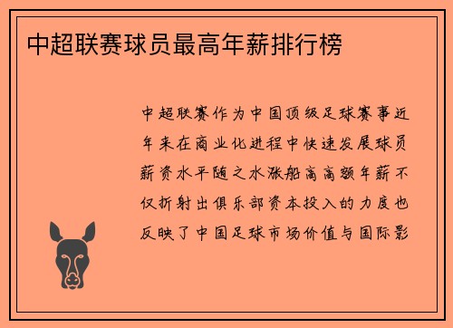 中超联赛球员最高年薪排行榜
